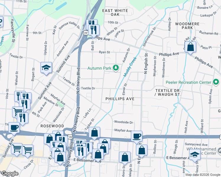 map of restaurants, bars, coffee shops, grocery stores, and more near 1798 Textile Drive in Greensboro