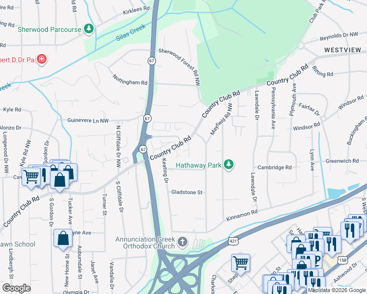 map of restaurants, bars, coffee shops, grocery stores, and more near 3410 Country Club Road in Winston-Salem