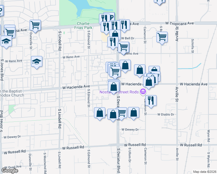 map of restaurants, bars, coffee shops, grocery stores, and more near 5055 West Hacienda Avenue in Las Vegas