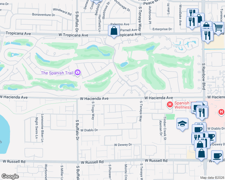 map of restaurants, bars, coffee shops, grocery stores, and more near 53 Sawgrass Court in Las Vegas