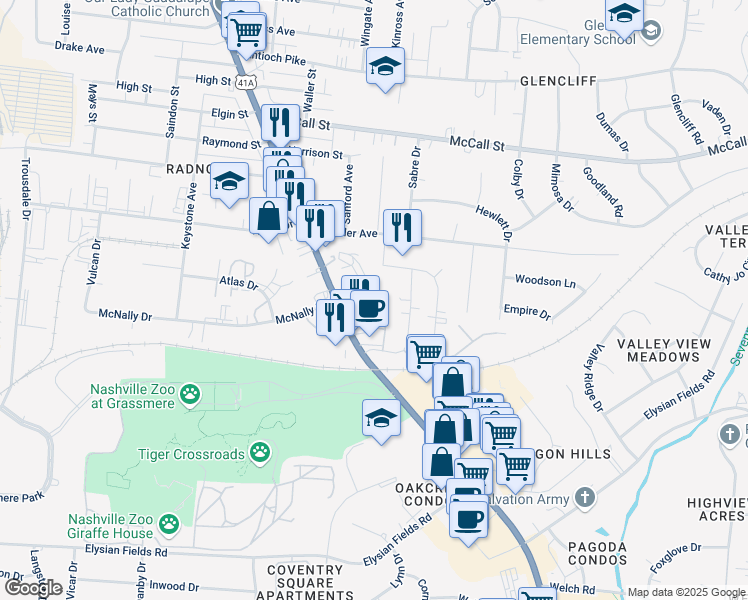 map of restaurants, bars, coffee shops, grocery stores, and more near 311 North Natchez Court in Nashville
