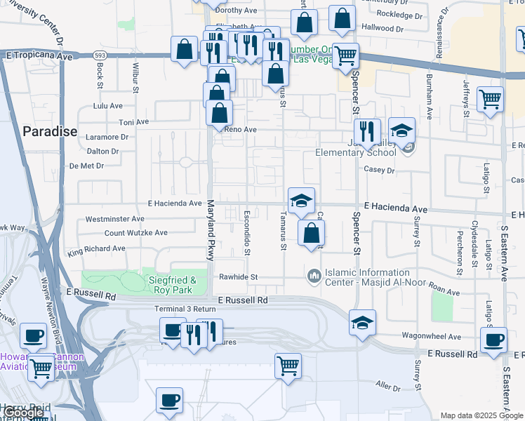 map of restaurants, bars, coffee shops, grocery stores, and more near 1375 East Hacienda Avenue in Las Vegas