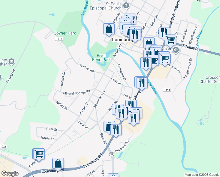 map of restaurants, bars, coffee shops, grocery stores, and more near 512 Kenmore Avenue in Louisburg