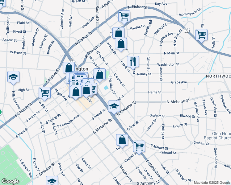 map of restaurants, bars, coffee shops, grocery stores, and more near 316 East Hawkins Street in Burlington