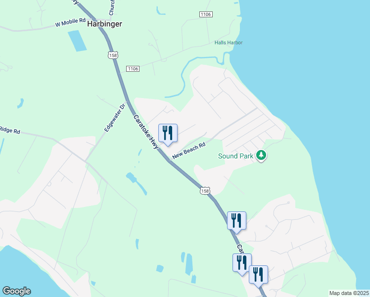 map of restaurants, bars, coffee shops, grocery stores, and more near 111 New Beach Road in Point Harbor