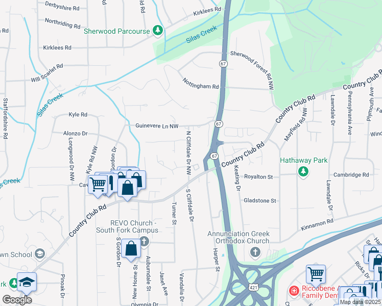 map of restaurants, bars, coffee shops, grocery stores, and more near 119 North Cliffdale Drive Northwest in Winston-Salem