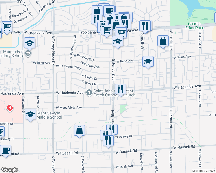 map of restaurants, bars, coffee shops, grocery stores, and more near 5262 South Placentia Parkway in Las Vegas