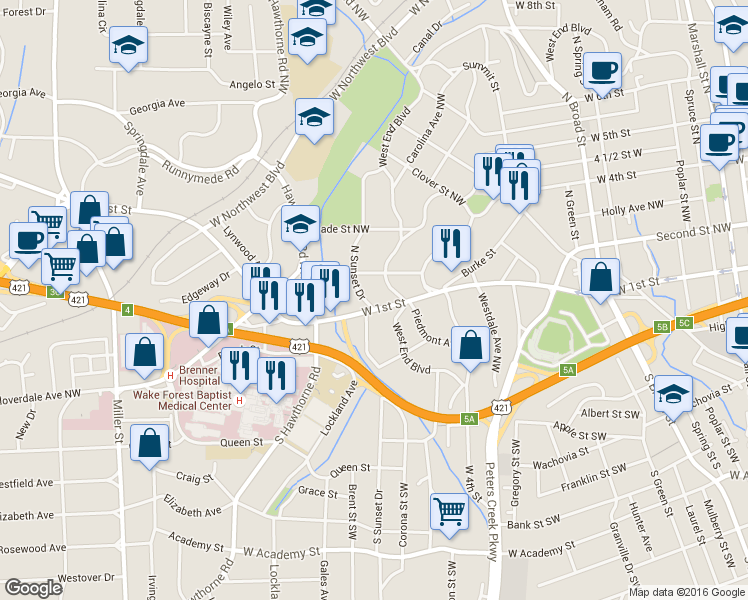map of restaurants, bars, coffee shops, grocery stores, and more near 1407 West 1st Street in Winston-Salem