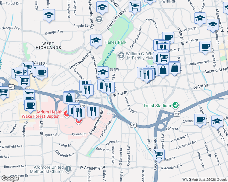 map of restaurants, bars, coffee shops, grocery stores, and more near 1407 West 1st Street in Winston-Salem