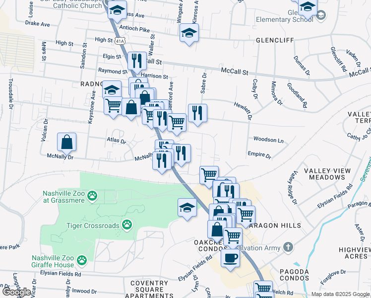 map of restaurants, bars, coffee shops, grocery stores, and more near 311 North Natchez Court in Nashville
