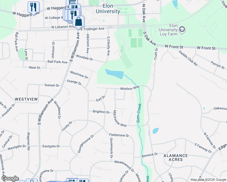 map of restaurants, bars, coffee shops, grocery stores, and more near 1016 Mill Pointe Way in Elon