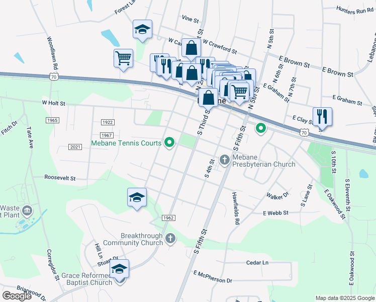 map of restaurants, bars, coffee shops, grocery stores, and more near 400 South Third Street in Mebane