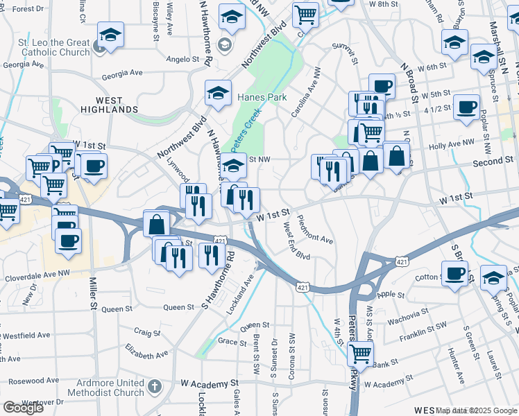 map of restaurants, bars, coffee shops, grocery stores, and more near 116 North Sunset Drive in Winston-Salem