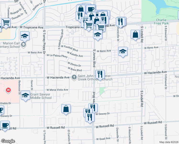 map of restaurants, bars, coffee shops, grocery stores, and more near 5243 South Placentia Parkway in Las Vegas