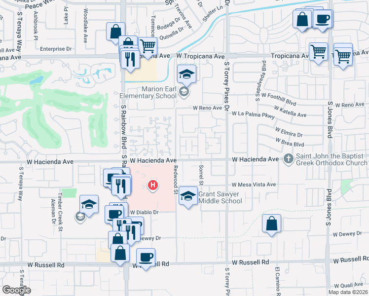 map of restaurants, bars, coffee shops, grocery stores, and more near 5251 Ladyhawk Way in Las Vegas