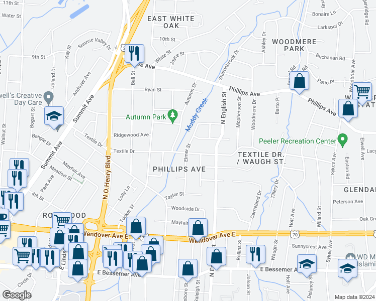 map of restaurants, bars, coffee shops, grocery stores, and more near 2001 Textile Drive in Greensboro
