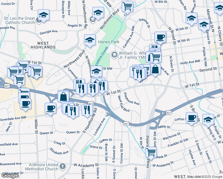 map of restaurants, bars, coffee shops, grocery stores, and more near 109 North Sunset Drive in Winston-Salem