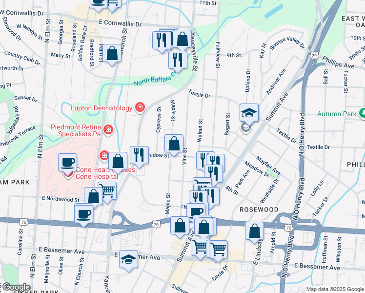map of restaurants, bars, coffee shops, grocery stores, and more near 1307 Vine Street in Greensboro