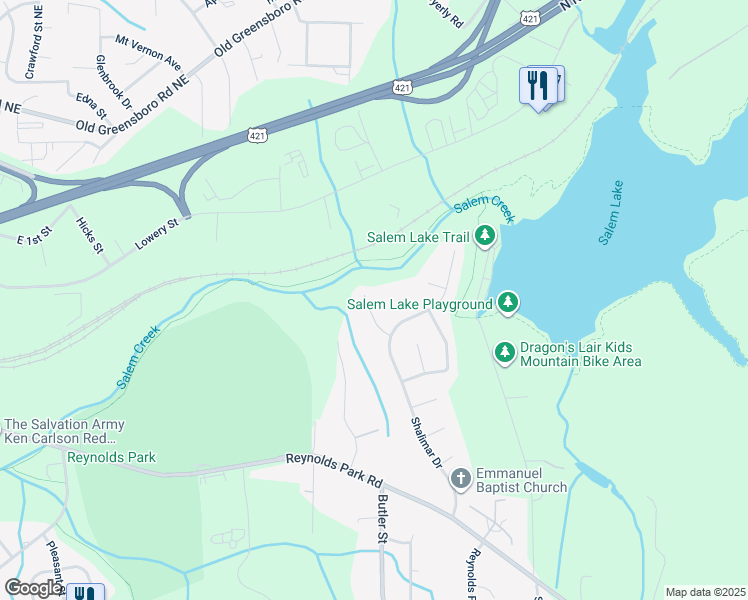 map of restaurants, bars, coffee shops, grocery stores, and more near 977 Woodleaf Court in Winston-Salem