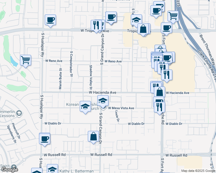map of restaurants, bars, coffee shops, grocery stores, and more near 9760 Ocotillo Falls Avenue in Las Vegas