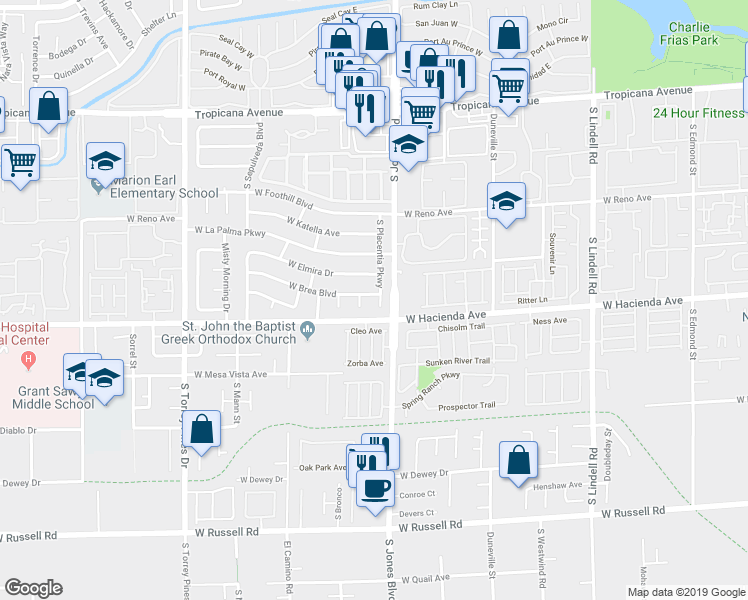 map of restaurants, bars, coffee shops, grocery stores, and more near 5243 South Placentia Parkway in Las Vegas
