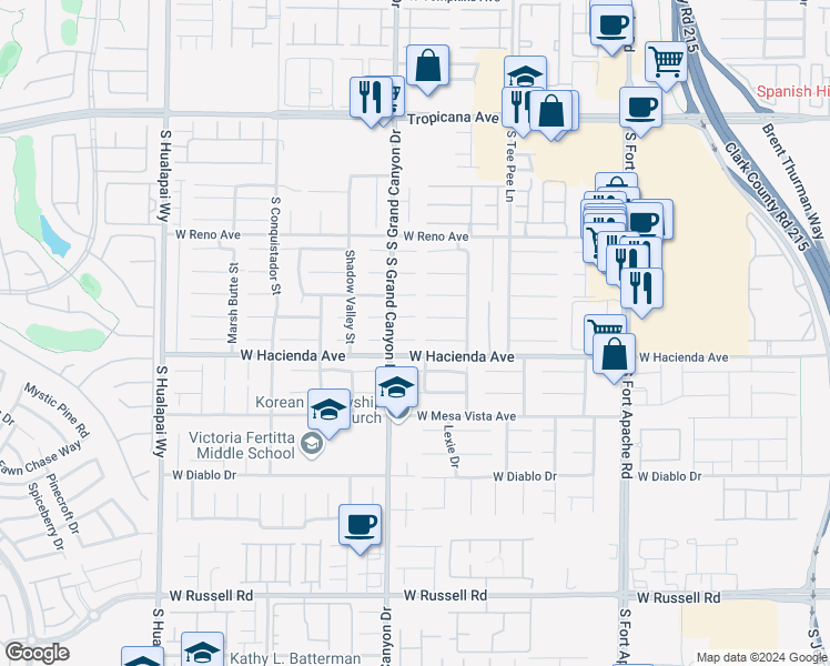 map of restaurants, bars, coffee shops, grocery stores, and more near 9760 Ocotillo Falls Avenue in Las Vegas