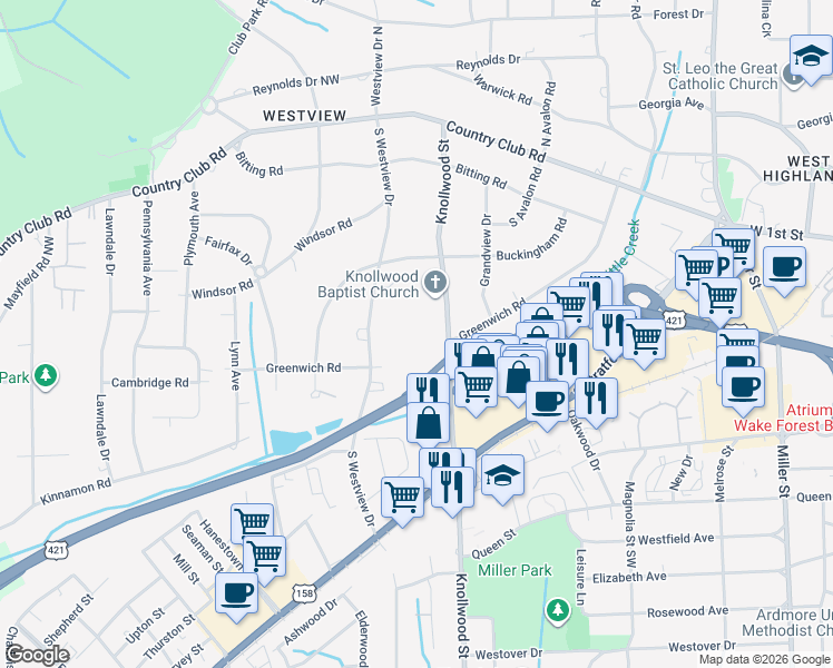 map of restaurants, bars, coffee shops, grocery stores, and more near 320 Hanover Arms Court in Winston-Salem