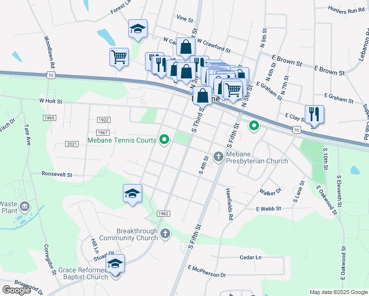 map of restaurants, bars, coffee shops, grocery stores, and more near 400 South Third Street in Mebane