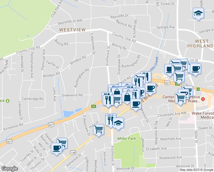 map of restaurants, bars, coffee shops, grocery stores, and more near 301 Hanover Arms Court in Winston-Salem
