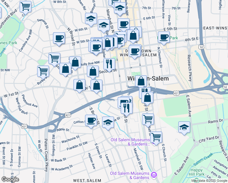 map of restaurants, bars, coffee shops, grocery stores, and more near 126 Spruce Street South in Winston-Salem