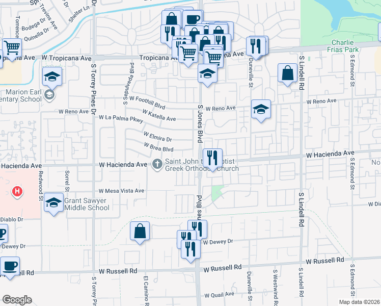map of restaurants, bars, coffee shops, grocery stores, and more near 5262 South Placentia Parkway in Las Vegas