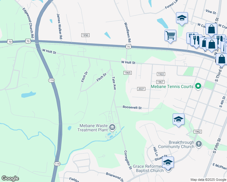 map of restaurants, bars, coffee shops, grocery stores, and more near 507 Tate Avenue in Mebane