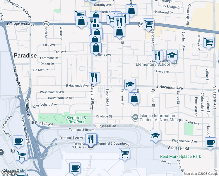 map of restaurants, bars, coffee shops, grocery stores, and more near 1375 East Hacienda Avenue in Las Vegas