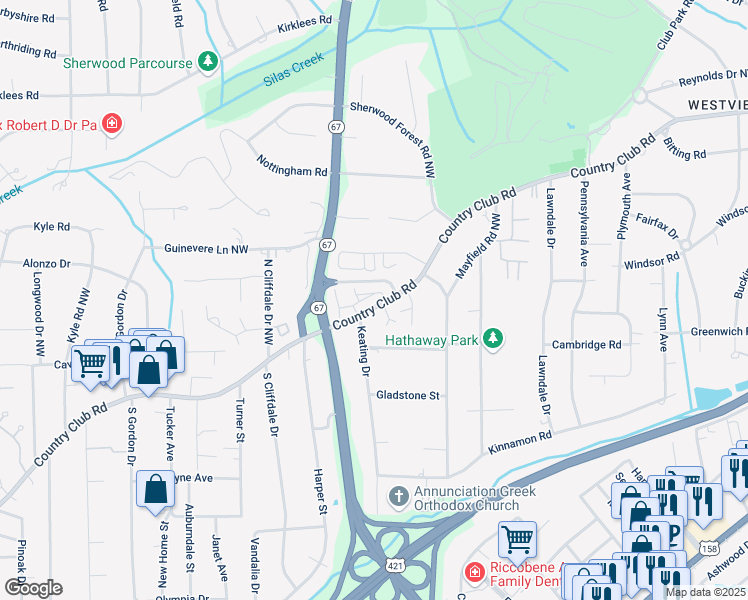 map of restaurants, bars, coffee shops, grocery stores, and more near 3420 Meridian Way in Winston Salem