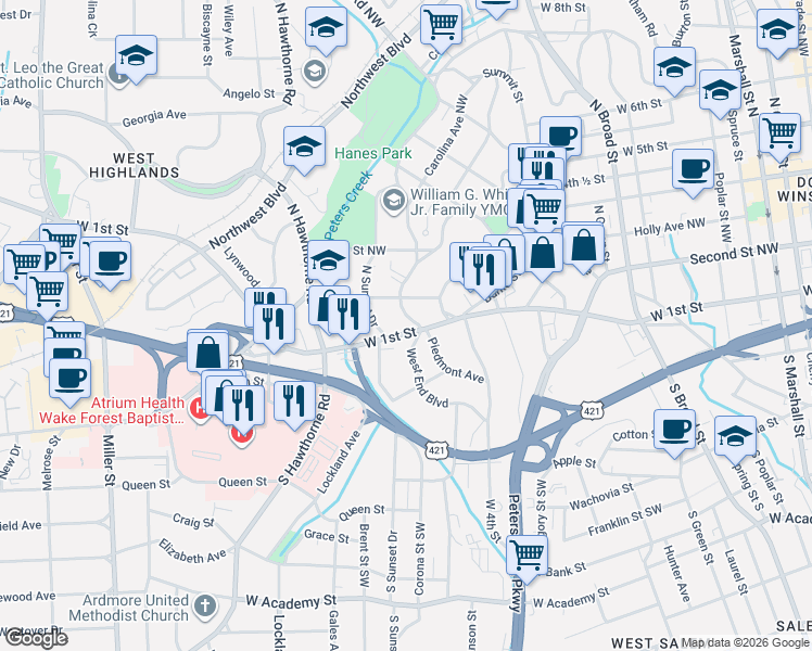 map of restaurants, bars, coffee shops, grocery stores, and more near 1326 West 1st Street in Winston-Salem