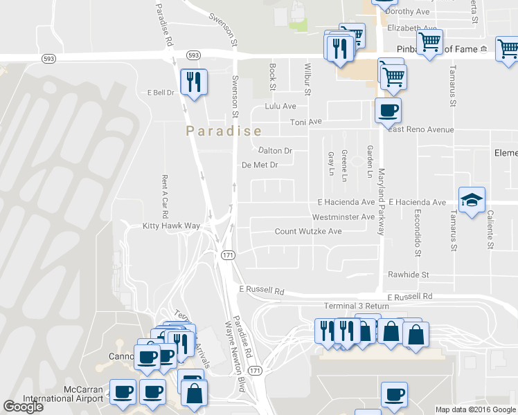 map of restaurants, bars, coffee shops, grocery stores, and more near 861 East Hacienda Avenue in Las Vegas