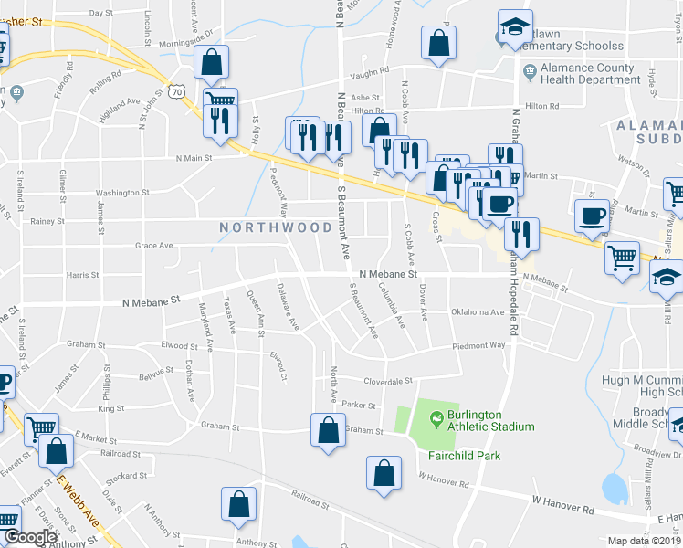 map of restaurants, bars, coffee shops, grocery stores, and more near 1334 North Mebane Street in Burlington