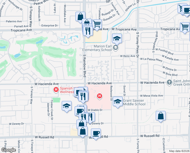 map of restaurants, bars, coffee shops, grocery stores, and more near 5250 South Rainbow Boulevard in Las Vegas