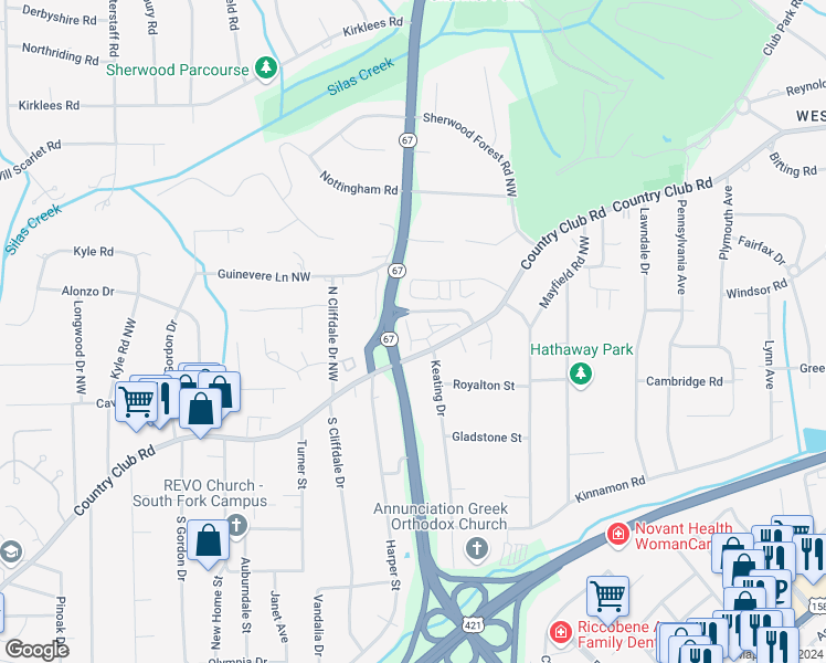 map of restaurants, bars, coffee shops, grocery stores, and more near 157 Highwood Lane in Winston-Salem