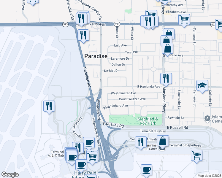 map of restaurants, bars, coffee shops, grocery stores, and more near 861 East Hacienda Avenue in Las Vegas