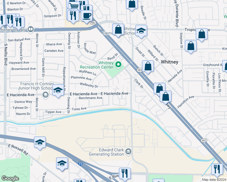map of restaurants, bars, coffee shops, grocery stores, and more near 5750 East Hacienda Avenue in Las Vegas