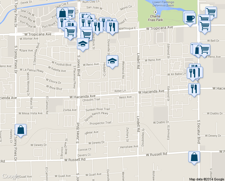 map of restaurants, bars, coffee shops, grocery stores, and more near 5768 Ritter Ln in Las Vegas