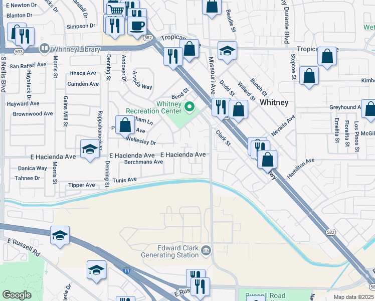 map of restaurants, bars, coffee shops, grocery stores, and more near 5750 East Hacienda Avenue in Las Vegas