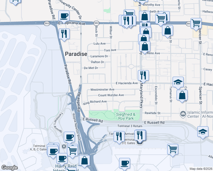 map of restaurants, bars, coffee shops, grocery stores, and more near 980 Westminster Avenue in Las Vegas