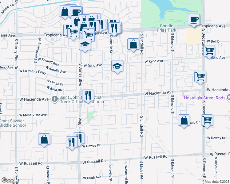 map of restaurants, bars, coffee shops, grocery stores, and more near 5768 Ritter Lane in Las Vegas