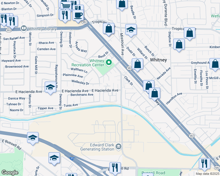 map of restaurants, bars, coffee shops, grocery stores, and more near 5750 East Hacienda Avenue in Las Vegas