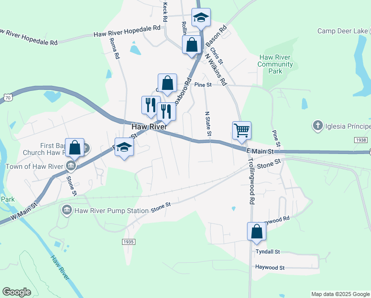 map of restaurants, bars, coffee shops, grocery stores, and more near 107 1st Street in Haw River