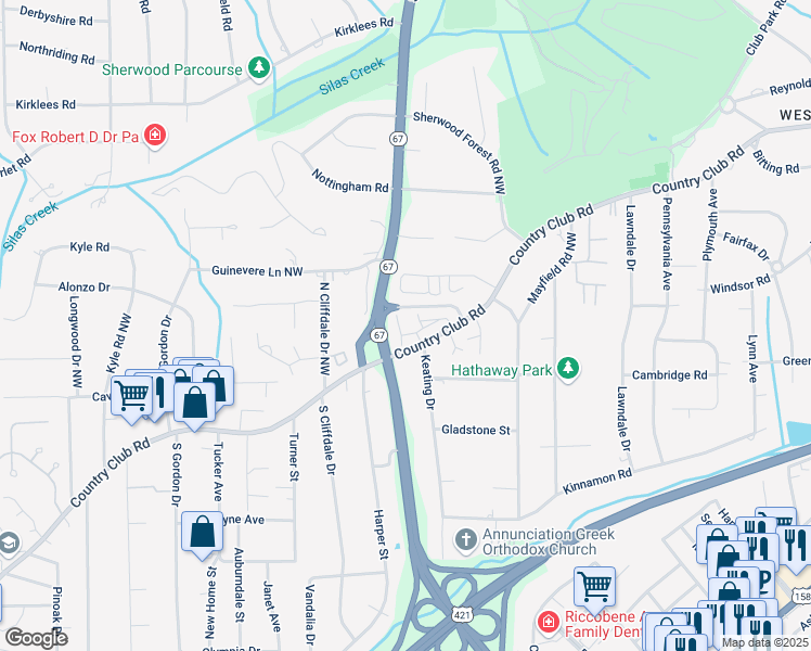 map of restaurants, bars, coffee shops, grocery stores, and more near 157 Highwood Lane in Winston-Salem