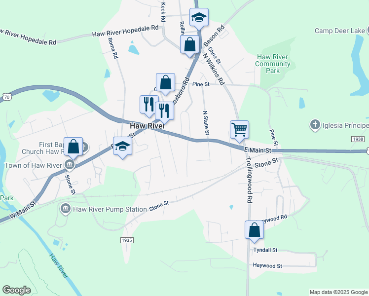 map of restaurants, bars, coffee shops, grocery stores, and more near 107 1st Street in Haw River