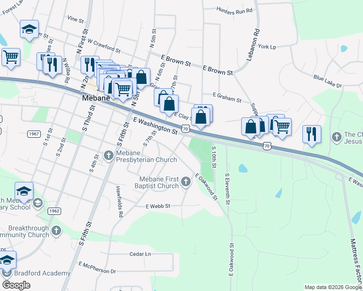 map of restaurants, bars, coffee shops, grocery stores, and more near 404 Forest Street in Mebane